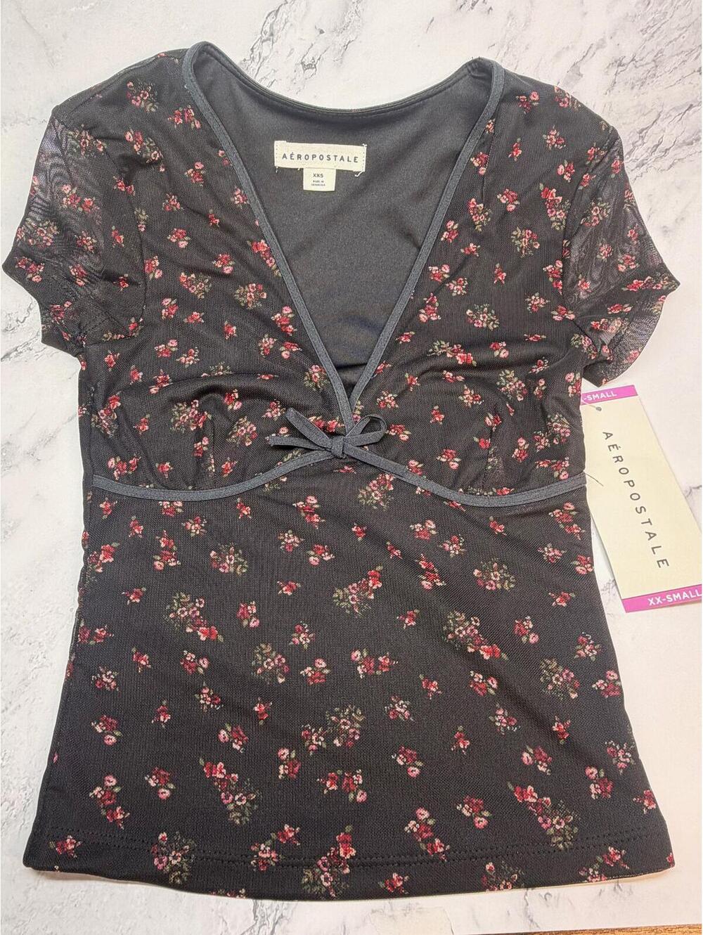Aeropostale Mesh Crop‎ Top XXS Floral Sheer V Neck Tie Front Baby Tee NWT